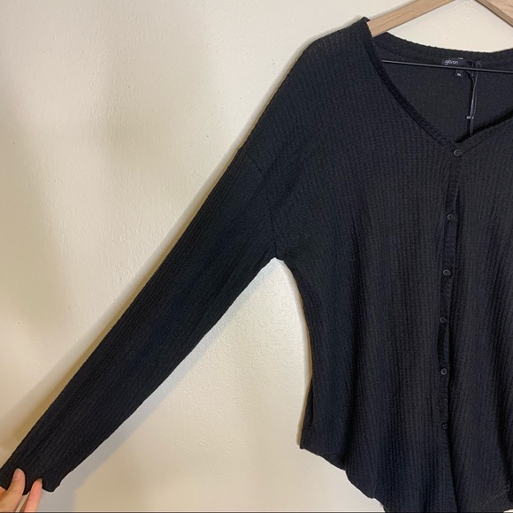 NWT Gibson Black Thermal Waffle Knit Tie Front Button Down Top XS - Picture 6 of 11